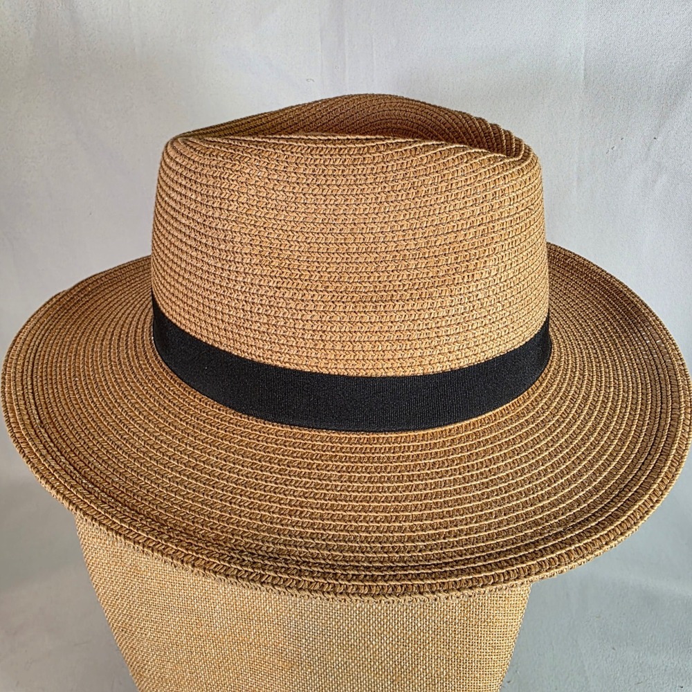 Solar Escape Tan Women's Fedora Straw Sun Hat Black Ribbon Band Boho Adjustable - Picture 2 of 8